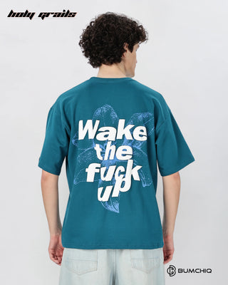 Guy in Street Style 'Wake Up' Teal 240 GSM 100% Terry Cotton Screen Printed Oversize Graphic Tee HG x Bumchiq - Back