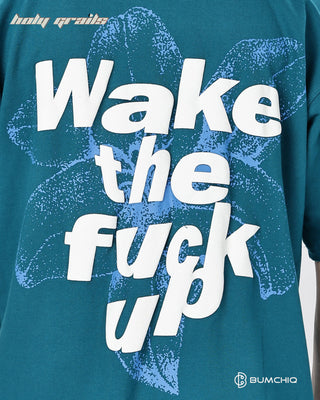 Guy in Street Style 'Wake Up' Teal 240 GSM 100% Terry Cotton Screen Printed Oversize Graphic Tee HG x Bumchiq - Back Print Close Up