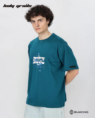 Guy in Street Style 'Wake Up' Teal 240 GSM 100% Terry Cotton Screen Printed Oversize Graphic Tee HG x Bumchiq - Side 1
