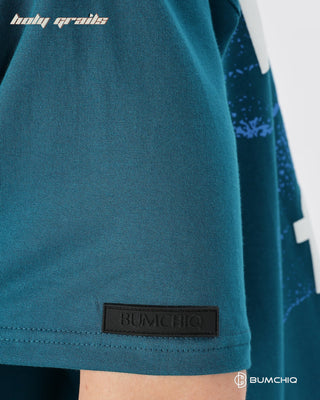 Guy in Street Style 'Wake Up' Teal 240 GSM 100% Terry Cotton Screen Printed Oversize Graphic Tee HG x Bumchiq - Sleeve Close Up