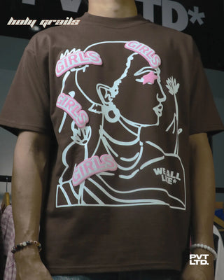 Guy in Street Style 'We All Like Girls' Brown 260 GSM Cotton Oversize Tee HG x Pvt Ltd - Front
