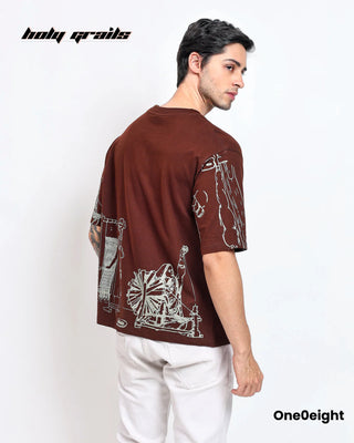 Guy in Street Style 'Weaving Illusions' Brown Printed Oversize Tee HG x One0eight - Back Side