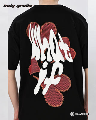 Guy in Street Style 'What If' Black 240 GSM 100% Terry Cotton Screen Printed Oversize Graphic Tee HG x Bumchiq - Back Print Close Up