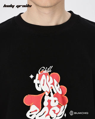 Guy in Street Style 'What If' Black 240 GSM 100% Terry Cotton Screen Printed Oversize Graphic Tee HG x Bumchiq - Front Print Close Up