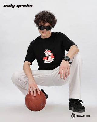 Guy in Street Style 'What If' Black 240 GSM 100% Terry Cotton Screen Printed Oversize Graphic Tee HG x Bumchiq - Front Sitting