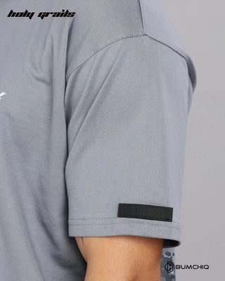 Guy in Street Style 'Wild Bear' Grey 240 GSM 100% Terry Cotton Screen Printed Oversize Graphic Tee HG x Bumchiq - Sleeve Close Up