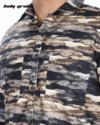 Guy in Streetwear Style 'Golden Waves' Multi-Color 70% Cotton 30% Polyester Full Sleeve Overshirt HG x Bumchiq - Front Close Up
