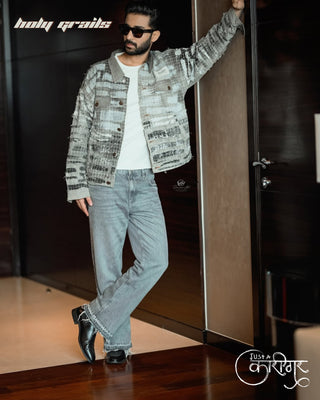Guy in Streetwear Style 'Monochrome' Grey Upcycled Denim Jacket HG x Just A Karigar - Front