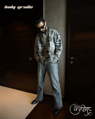 Guy in Streetwear Style 'Monochrome' Grey Upcycled Denim Jacket HG x Just A Karigar - Front Side