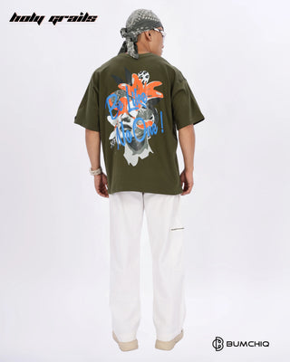 Guy in Streetwear Style 'No One' Green 240 GSM 100% Terry Cotton Oversize Graphic T-Shirt HG x Bumchiq - Back Full