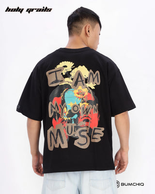 Guy in Streetwear Style 'Own Muse' Black 240 GSM 100% Terry Cotton Oversize Graphic T-Shirt HG x Bumchiq - Back