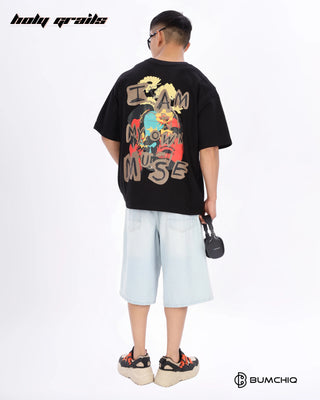 Guy in Streetwear Style 'Own Muse' Black 240 GSM 100% Terry Cotton Oversize Graphic T-Shirt HG x Bumchiq - Back Full