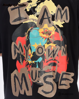 Guy in Streetwear Style 'Own Muse' Black 240 GSM 100% Terry Cotton Oversize Graphic T-Shirt HG x Bumchiq - Back Print Close Up