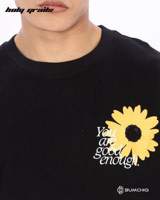 Guy in Streetwear Style 'Own Muse' Black 240 GSM 100% Terry Cotton Oversize Graphic T-Shirt HG x Bumchiq - Front Close Up