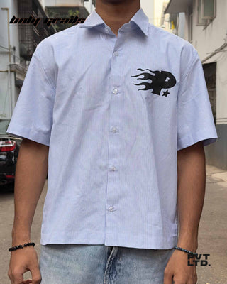 Guy in Streetwear Style 'Pvt Striped' Blue 100% Cotton Boxy Fit Half Sleeve Shirt HG x Pvt Ltd - Front
