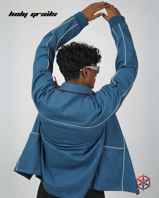 Guy in Streetwear Style 'Sapphire Cream Piped' Blue 100% Cotton Twill 250 GSM Overize Shacket HG x Duskin - Back 1