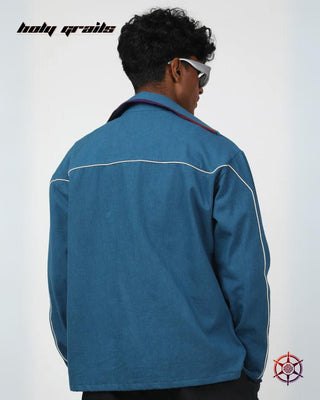 Guy in Streetwear Style 'Sapphire Cream Piped' Blue 100% Cotton Twill 250 GSM Overize Shacket HG x Duskin - Back 2