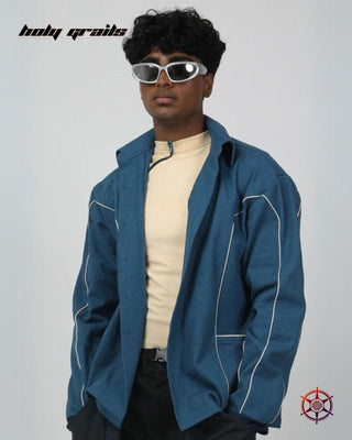 Guy in Streetwear Style 'Sapphire Cream Piped' Blue 100% Cotton Twill 250 GSM Overize Shacket HG x Duskin - Front