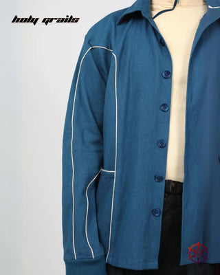 Guy in Streetwear Style 'Sapphire Cream Piped' Blue 100% Cotton Twill 250 GSM Overize Shacket HG x Duskin - Front Close Up