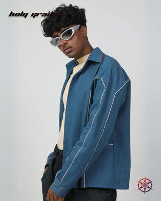 Guy in Streetwear Style 'Sapphire Cream Piped' Blue 100% Cotton Twill 250 GSM Overize Shacket HG x Duskin - Front Side