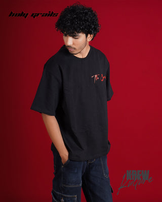 Guy in Streetwear Style 'The Devil' Black French Terry Cotton 240 GSM Tee-Shirt - Side