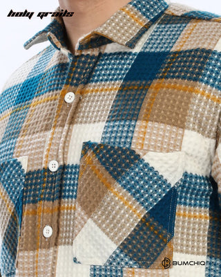 Guy in Streetwear Style 'Waffle Blue' Flannel Cotton Multi-Color Full Sleeve Overshirt HG x Bumchiq - Front Close Up