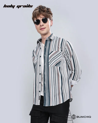 Guy in Streetwear 'Green Cream Stripes' White 70% Cotton 30% Polyester Full Sleeves Overshirt HG x Bumchiq - Front