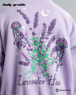 Guy in Streetwear 'Lavender Haze' Purple 350-370 GSM 100% Cotton Puff Print Oversize Hoodie HG x Bumchiq - Back Print Close Up