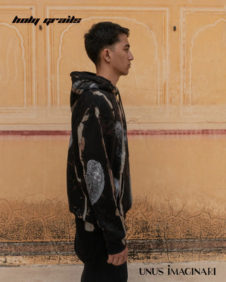 Guy in Streetwear 'Mandana-Black' 320 GSM 60% Cotton & 40% Polyester Mix Hand Painted Oversize Hoodie HG x Unus Imaginari - Side 1