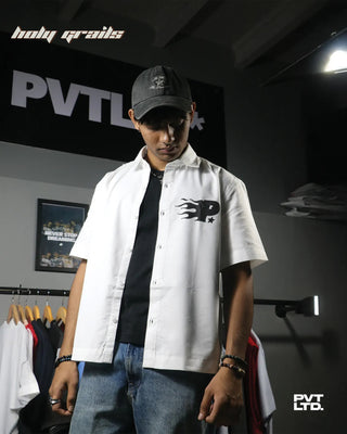 Guy in Streetwear 'Pvt' White 100% Cotton Half Sleeve Over-Shirt HG x Pvt Ltd - Front
