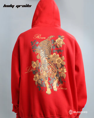 Guy in Streetwear 'Tiger Roar' Red 350-370 GSM 100% Cotton Puff Print Oversize Hoodie HG x Bumchiq - Back