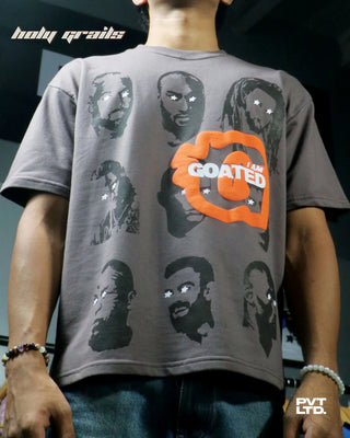 Guy in street style 'I Am Goated' Brown 260 GSM cotton oversize printed Tee HG x Pvt Ltd - Front