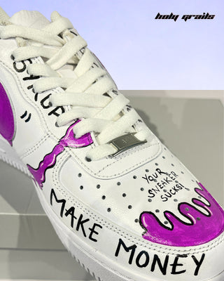 Hand Painted Custom Air Force 1 x Boldly Unstable Sneakers - Front Top Side 1 Close Up