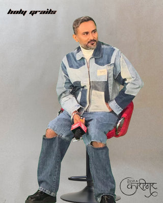 Honey Singh Sitting in Streetwear Style 'Leftover' Blue Upcycled Denim Jacket HG x Just A Karigar - Front