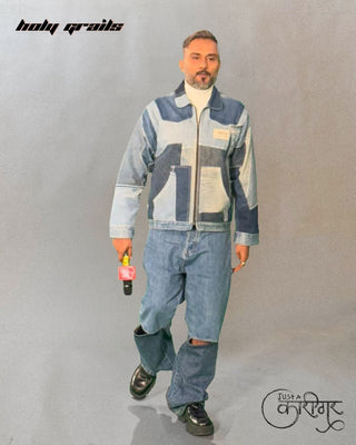 Honey Singh Standing in Streetwear Style 'Leftover' Blue Upcycled Denim Jacket HG x Just A Karigar - Front