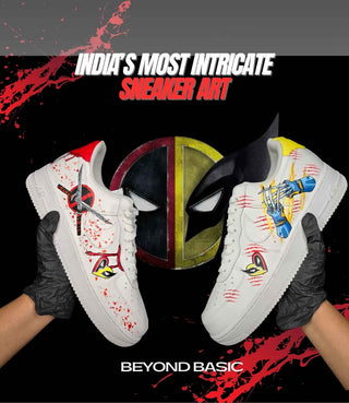 White sneakers with intricate designs held by gloved hands, with text about sneaker art on a black background.