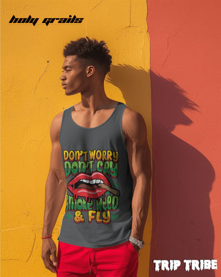Male in Street Style 'Smoke Weed & Fly' 180 GSM 100% Cotton Charcoal Melange Sleeveless Vest HG x Trip Tribe - Front