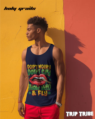 Male in Street Style 'Smoke Weed & Fly' 180 GSM 100% Cotton Navy Blue Sleeveless Vest HG x Trip Tribe - Front