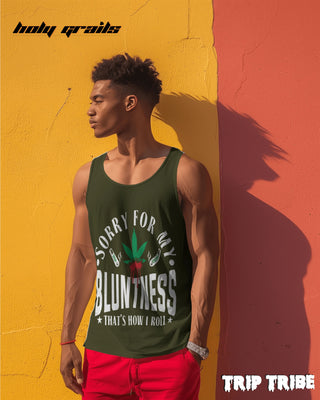 Male in Street Style 'Sorry For My Bluntness' 180 GSM 100% Cotton Olive Green Sleeveless Vest HG x Trip Tribe - Front