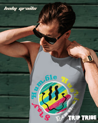 Male in Street Style 'Stay Humble Hustle Hard' 180 GSM 100% Cotton Charcoal Melange Sleeveless Vest HG x Trip Tribe - Front Close Up