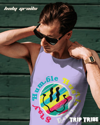 Male in Street Style 'Stay Humble Hustle Hard' 180 GSM 100% Cotton Lavender Sleeveless Vest HG x Trip Tribe - Front Close Up