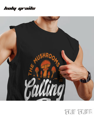Male in Street Style 'The Mushrooms Are Calling' 180 GSM 100% Cotton Black Sleeveless Vest HG x Trip Tribe - Front Close Up