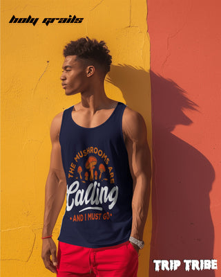 Male in Street Style 'The Mushrooms Are Calling' 180 GSM 100% Cotton Navy Blue Sleeveless Vest HG x Trip Tribe - Front