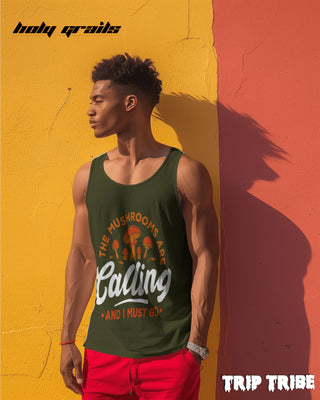 Male in Street Style 'The Mushrooms Are Calling' 180 GSM 100% Cotton Olive Green Sleeveless Vest HG x Trip Tribe - Front