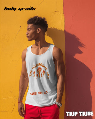 Male in Street Style 'The Mushrooms Are Calling' 180 GSM 100% Cotton White Sleeveless Vest HG x Trip Tribe - Front