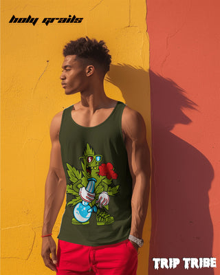 Male in Street Style 'ZaZa High' 180 GSM 100% Cotton Olive Green Sleeveless Vest HG x Trip Tribe - Front