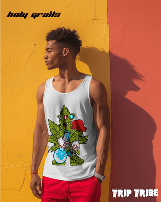 Male in Street Style 'ZaZa High' 180 GSM 100% Cotton White Sleeveless Vest HG x Trip Tribe - Front