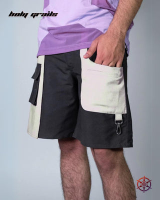 Men In Streetwear Style 'Carbon Butter' Black Cream  Poly Cotton 120 GSM & Cotton Twill 140 GSM Utility Shorts HG x Duskin - Front Side