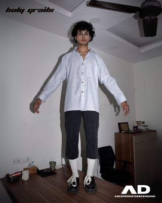 Men wearing a Street Style 'Switch' Blue & White Stripes Cotton Convertible Shirt and dark pants standing in a room on a desk - Front