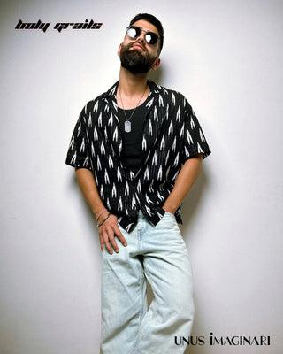 Men in Streetwear Style 'Sanganeri' Black 100% Cotton Jaipur & Sanganeri Print Oversize Half-Sleeve Shirt HG x Unus Imaginari - Front